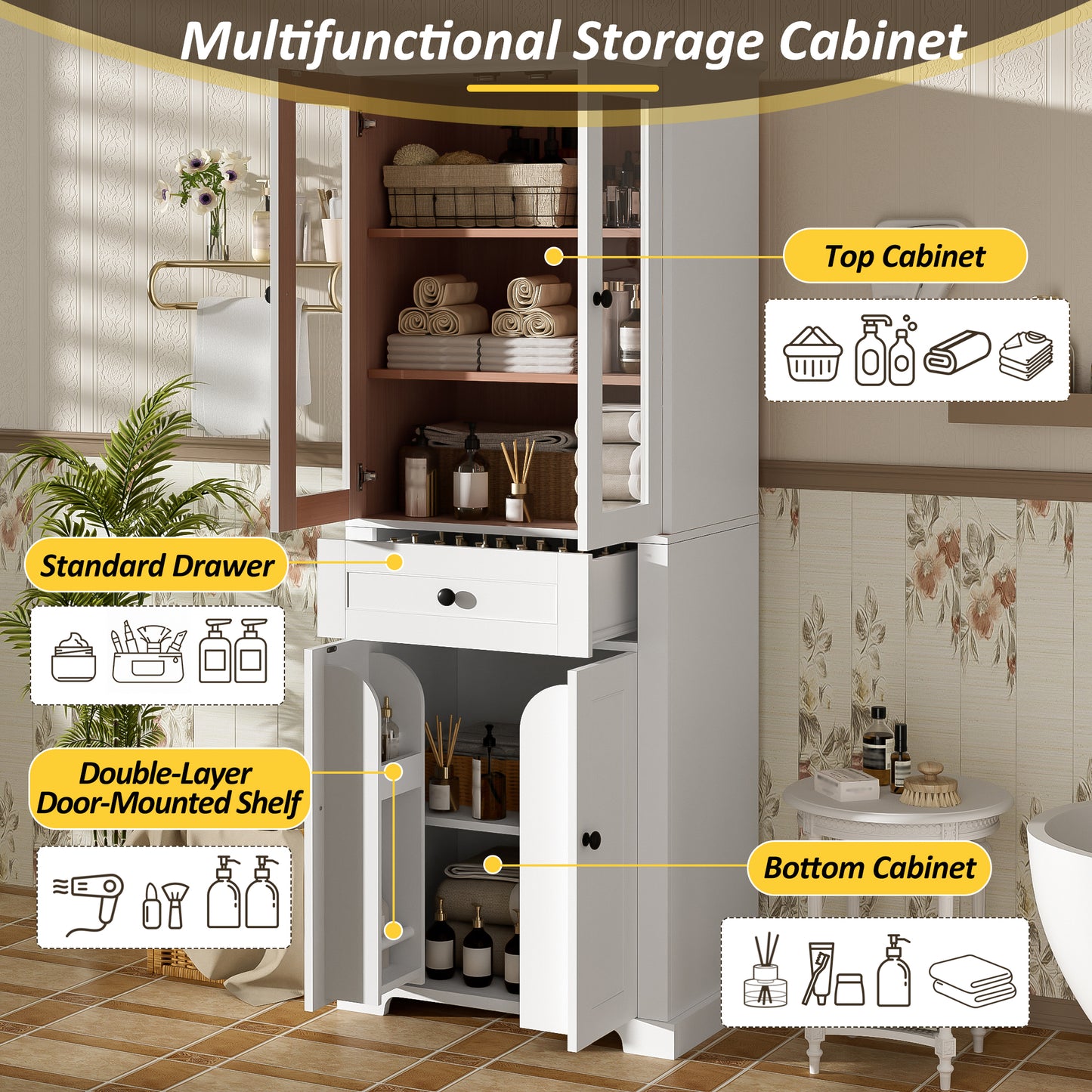 67.2" Tall Bathroom Storage Cabinet with Tempered Glass Doors, Adjustable Shelves & Drawer – Modern Freestanding Linen Tower, Soft-Close Design