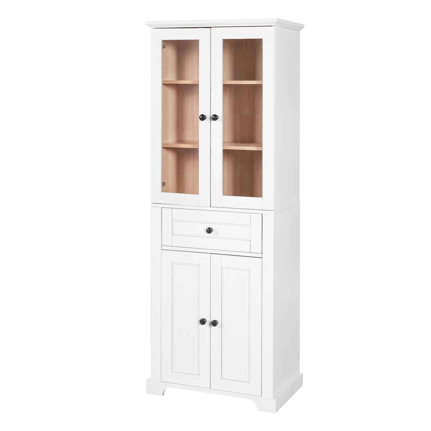 67.2" Tall Bathroom Storage Cabinet with Tempered Glass Doors, Adjustable Shelves & Drawer – Modern Freestanding Linen Tower, Soft-Close Design