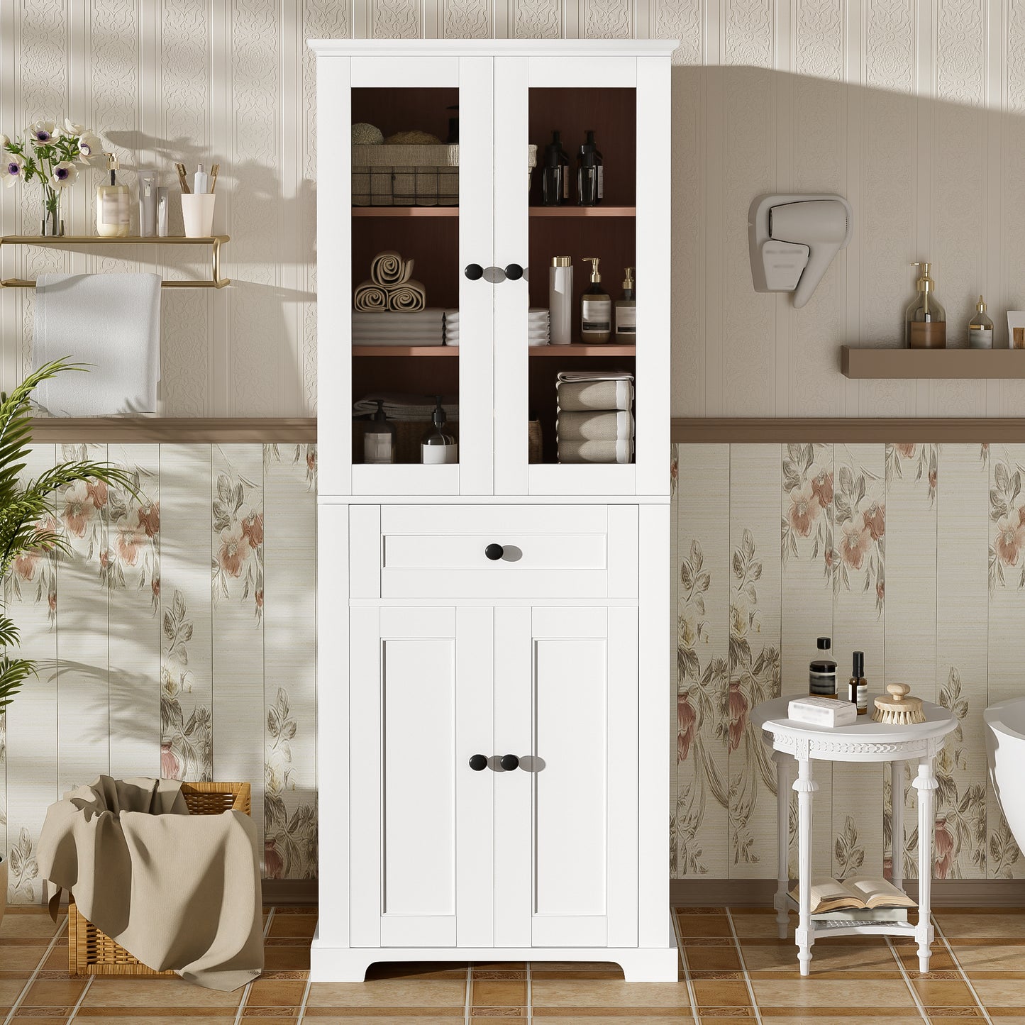 67.2" Tall Bathroom Storage Cabinet with Tempered Glass Doors, Adjustable Shelves & Drawer – Modern Freestanding Linen Tower, Soft-Close Design