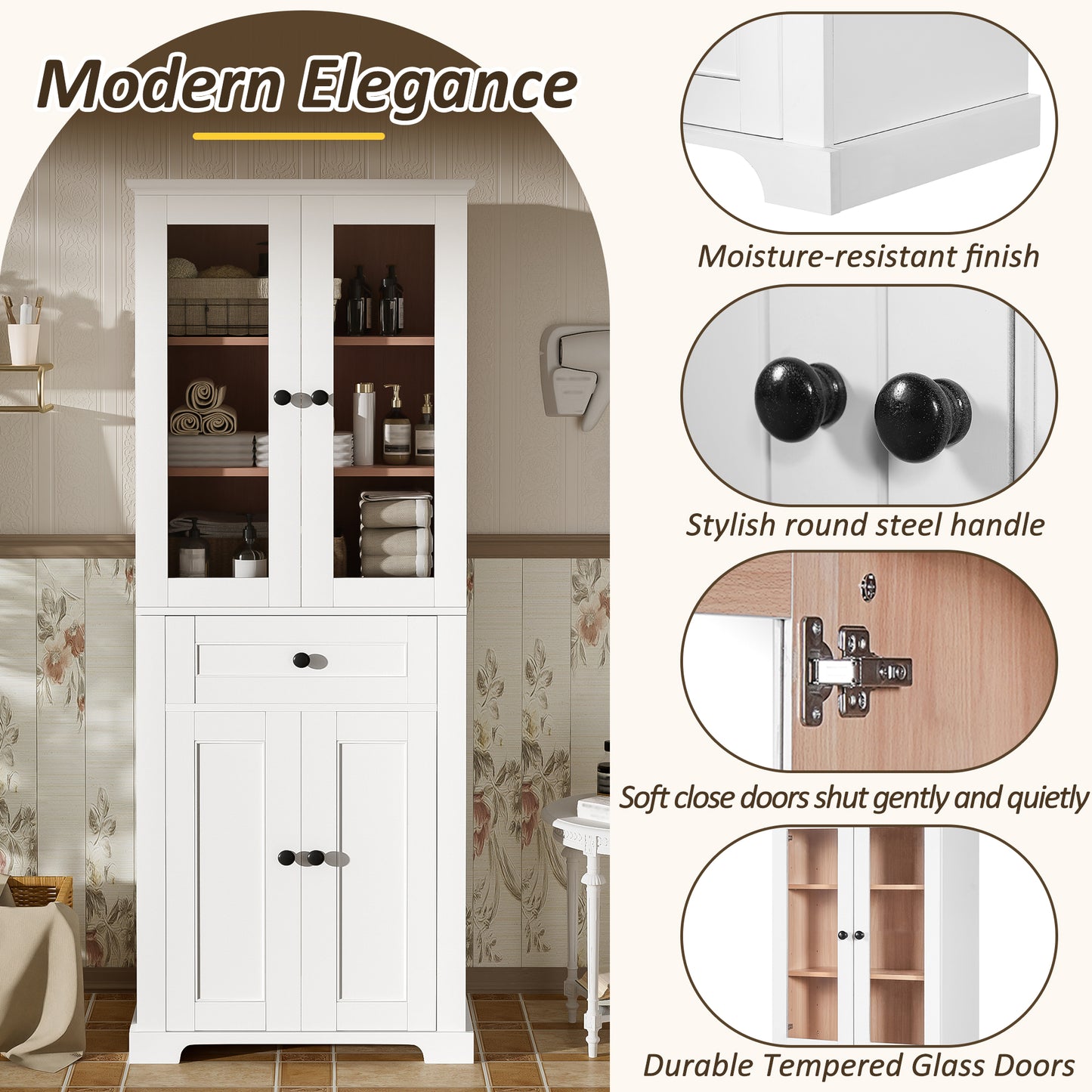 67.2" Tall Bathroom Storage Cabinet with Tempered Glass Doors, Adjustable Shelves & Drawer – Modern Freestanding Linen Tower, Soft-Close Design