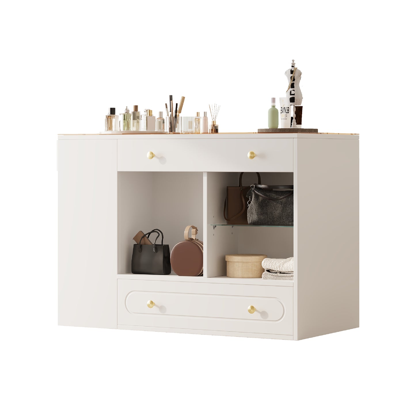 Closet Island with 6 Drawers, Wardrobe Armoire Bedroom Island with Glass Display Top and Open Shelves, Jewelry Storage Vanity Island with compartments, Walk-in Closet Island for Cloakroom, White