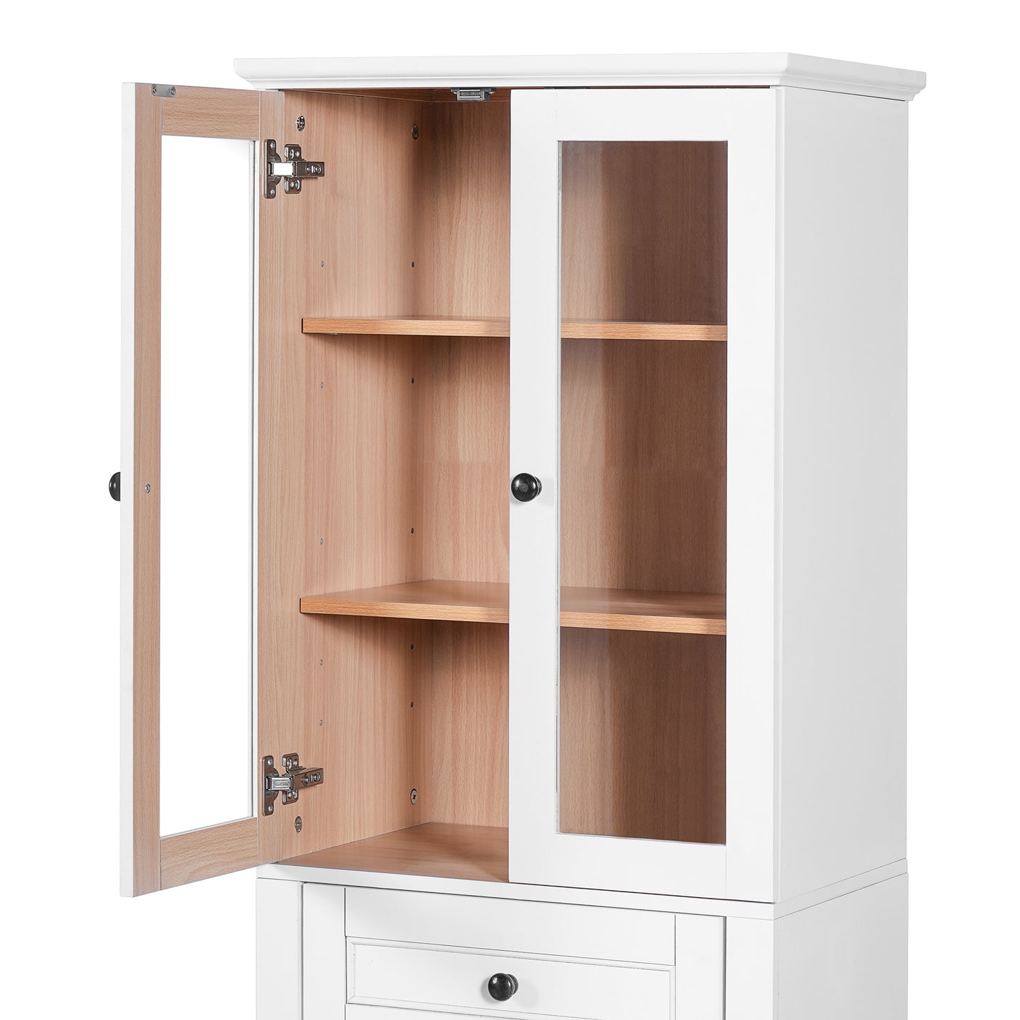 67.2" Tall Bathroom Storage Cabinet with Tempered Glass Doors, Adjustable Shelves & Drawer – Modern Freestanding Linen Tower, Soft-Close Design