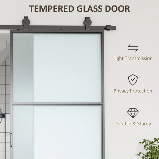 36" x 84" Sliding bathroom Door with 6FT Hardware Kit and Handle, Industrial Frosted Tempered Glass Door with Carbon Steel