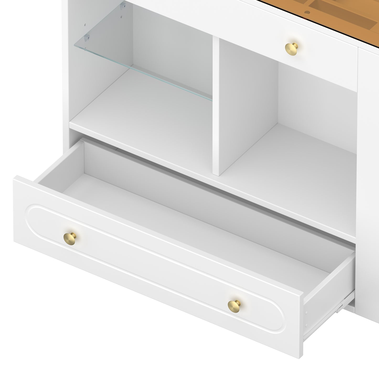Closet Island with 6 Drawers, Wardrobe Armoire Bedroom Island with Glass Display Top and Open Shelves, Jewelry Storage Vanity Island with compartments, Walk-in Closet Island for Cloakroom, White