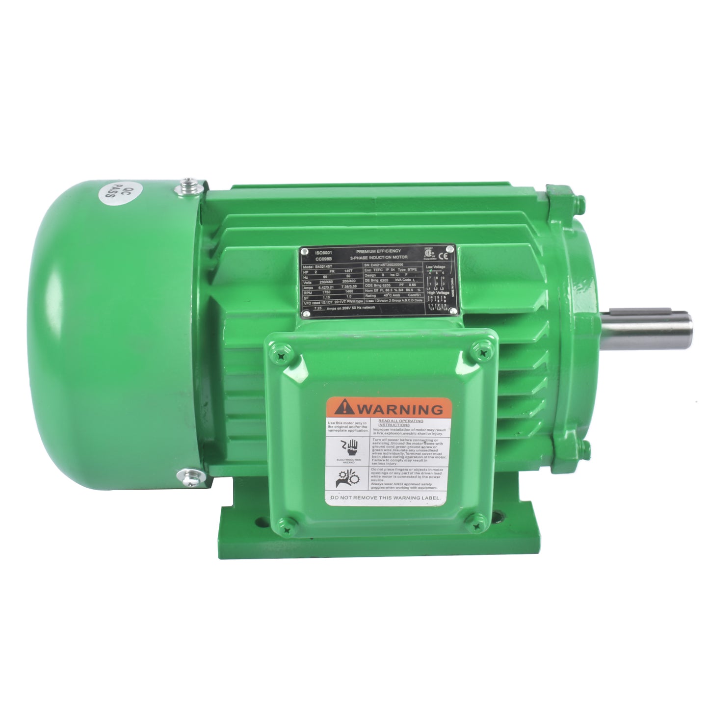 2HP 3 Phase Electric Motor 1800 RPM 145T Frame TEFC 230/460 Volt High Efficiency