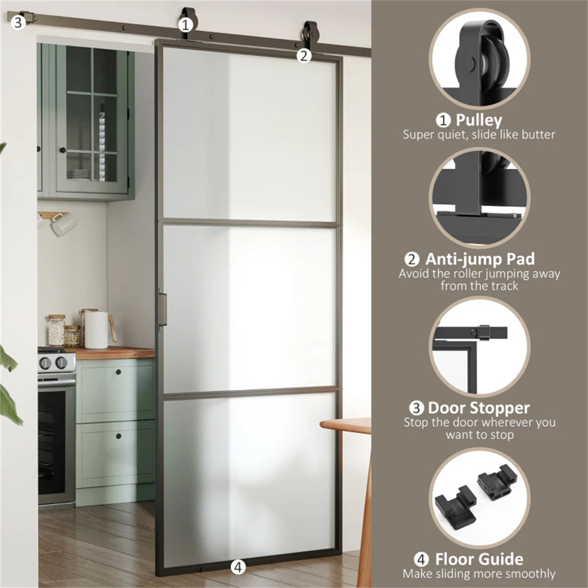 36" x 84" Sliding bathroom Door with 6FT Hardware Kit and Handle, Industrial Frosted Tempered Glass Door with Carbon Steel