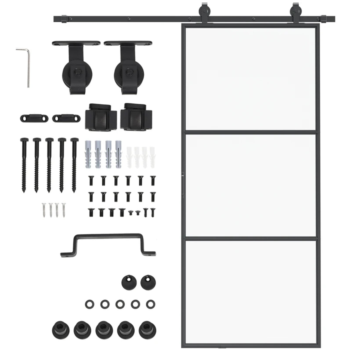 36" x 84" Sliding bathroom Door with 6FT Hardware Kit and Handle, Industrial Frosted Tempered Glass Door with Carbon Steel