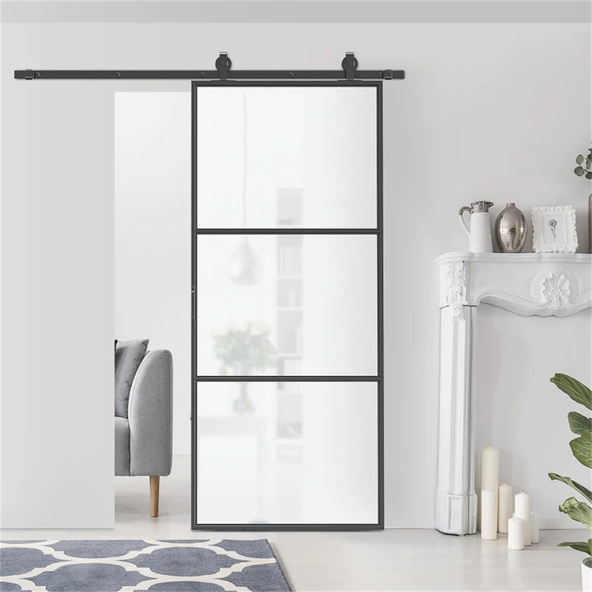 36" x 84" Sliding bathroom Door with 6FT Hardware Kit and Handle, Industrial Frosted Tempered Glass Door with Carbon Steel