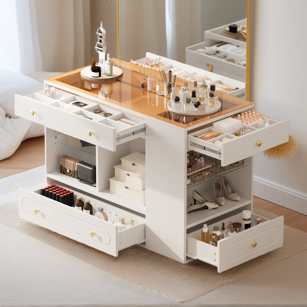 Closet Island with 6 Drawers, Wardrobe Armoire Bedroom Island with Glass Display Top and Open Shelves, Jewelry Storage Vanity Island with compartments, Walk-in Closet Island for Cloakroom, White