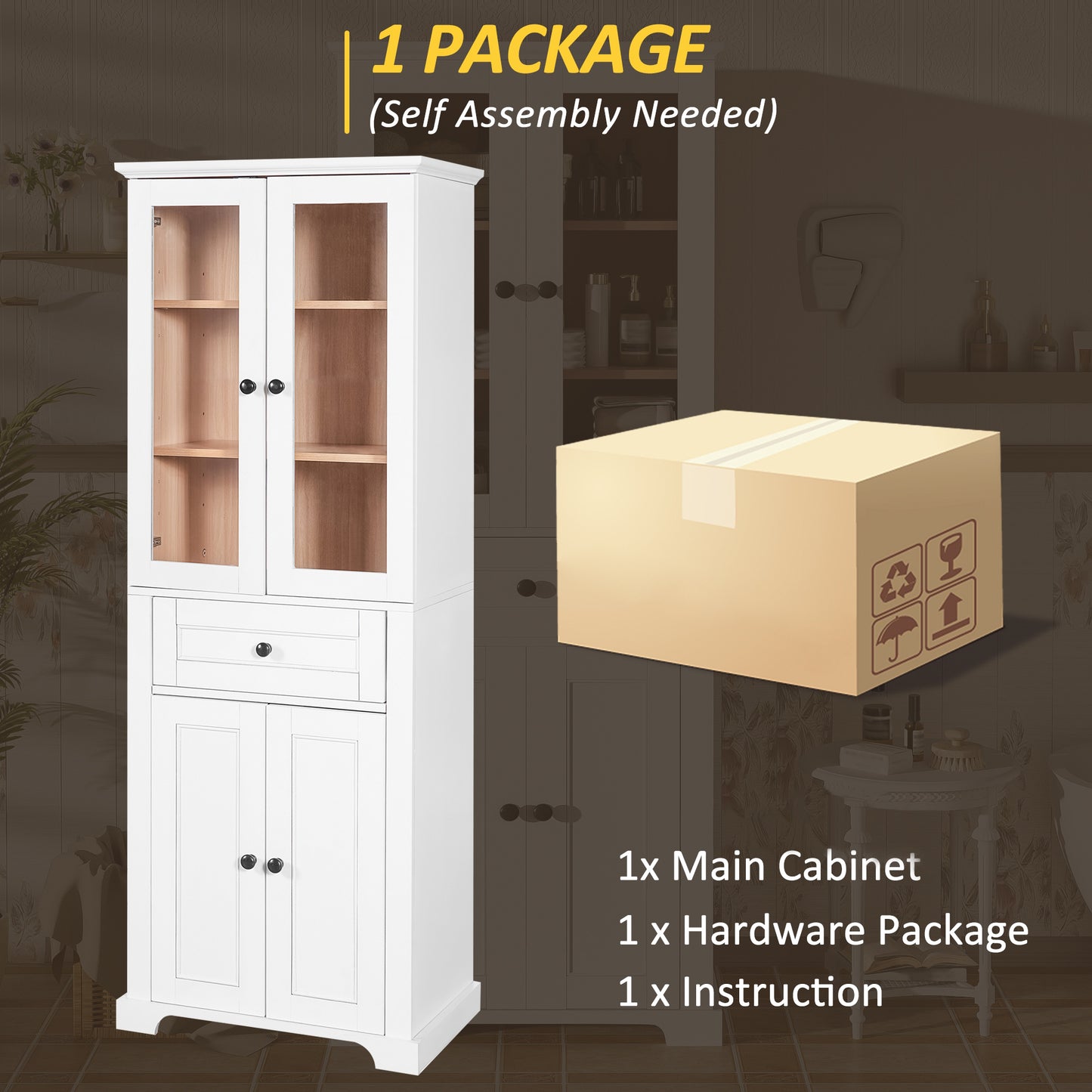 67.2" Tall Bathroom Storage Cabinet with Tempered Glass Doors, Adjustable Shelves & Drawer – Modern Freestanding Linen Tower, Soft-Close Design