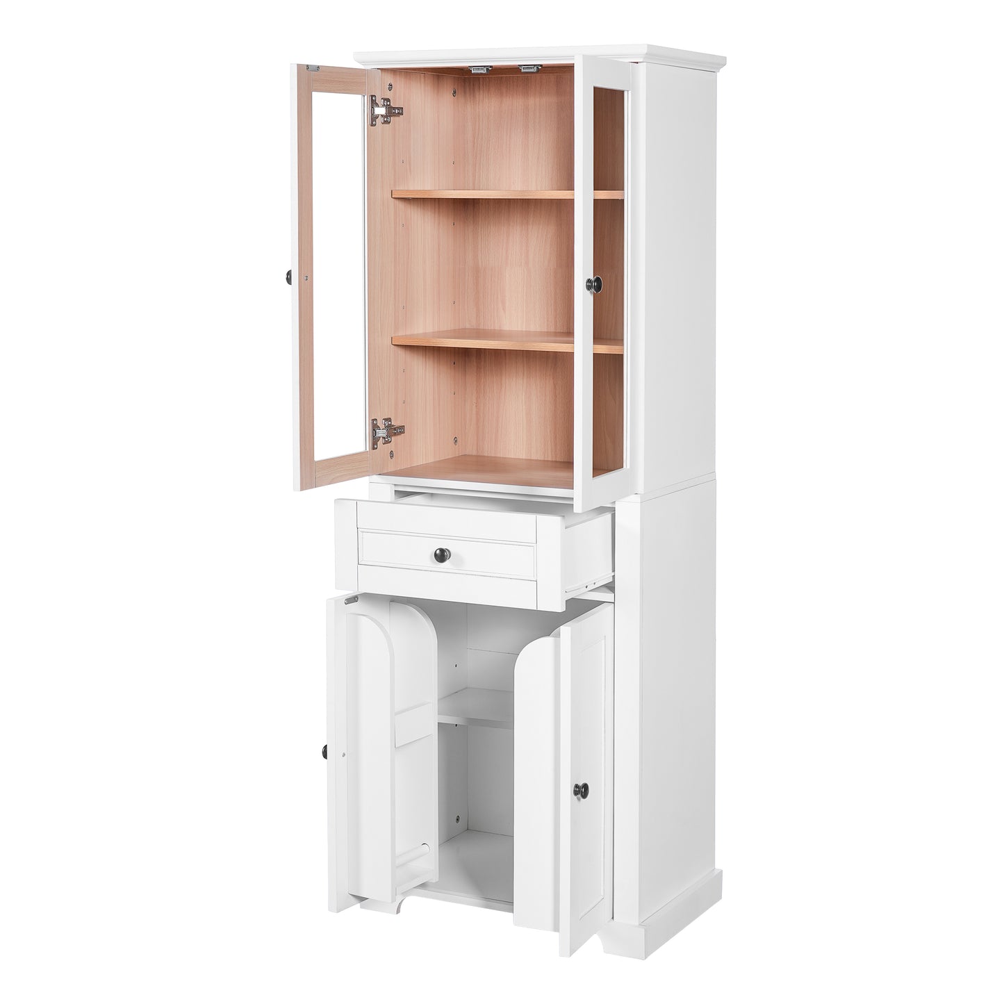 67.2" Tall Bathroom Storage Cabinet with Tempered Glass Doors, Adjustable Shelves & Drawer – Modern Freestanding Linen Tower, Soft-Close Design