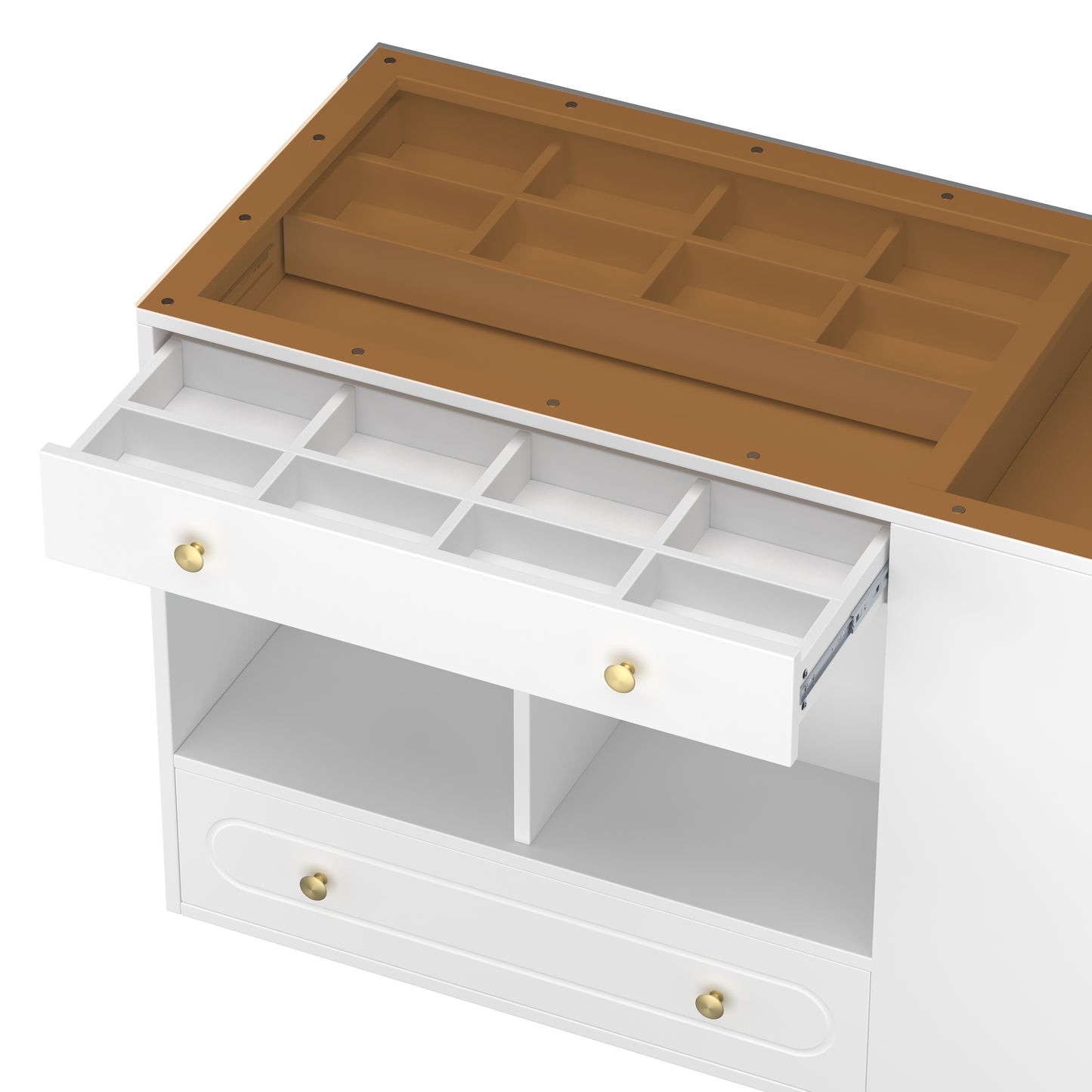 Closet Island with 6 Drawers, Wardrobe Armoire Bedroom Island with Glass Display Top and Open Shelves, Jewelry Storage Vanity Island with compartments, Walk-in Closet Island for Cloakroom, White